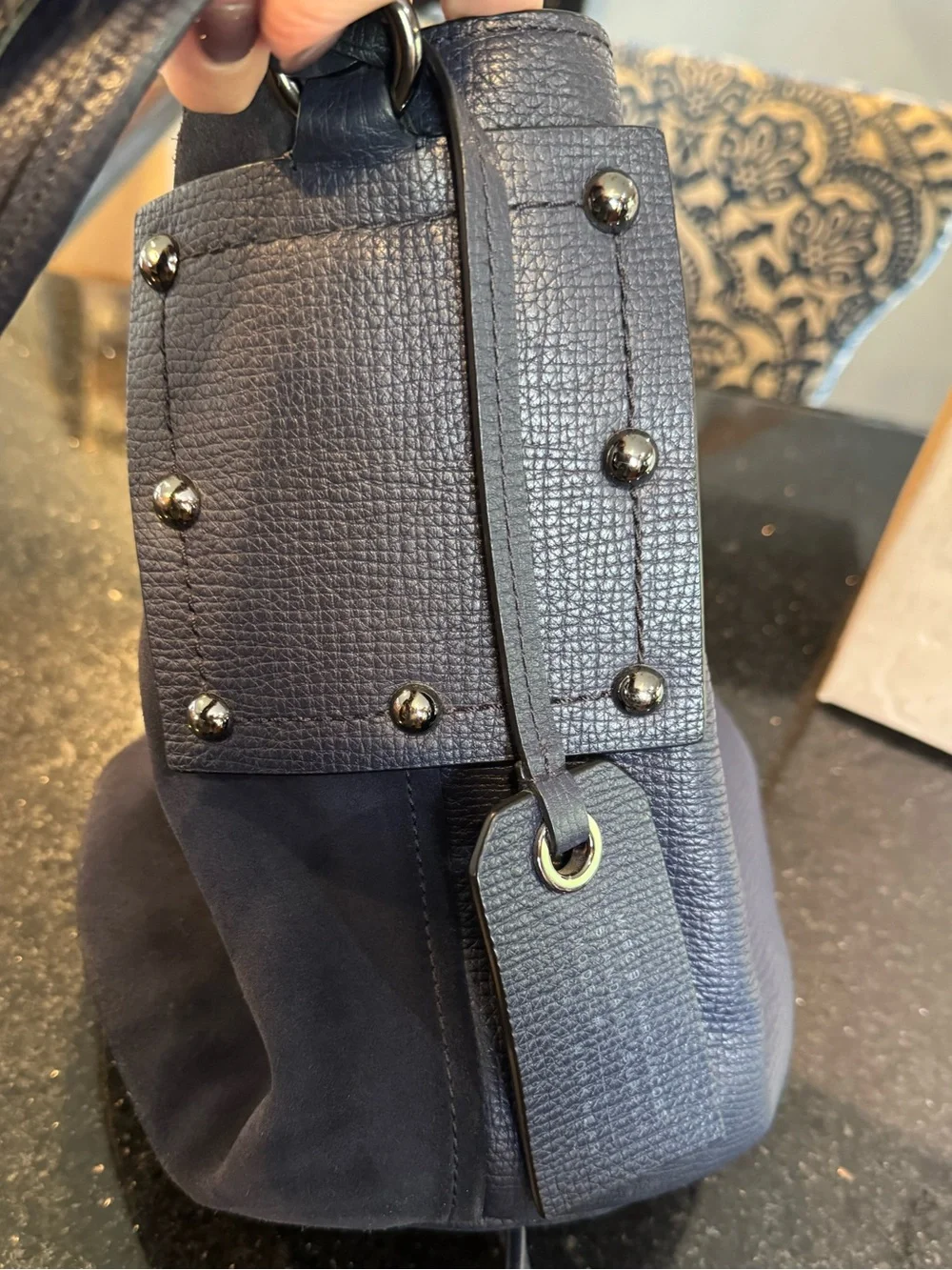 Marc Jacobs Pebbled Leather and suede bucket crossbody bag.